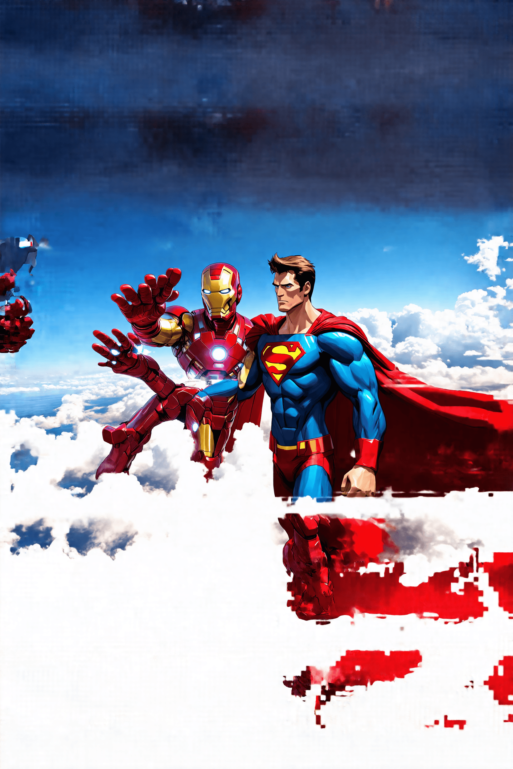 Iron Man taking a selfie with Superman in the sky far above the clouds
