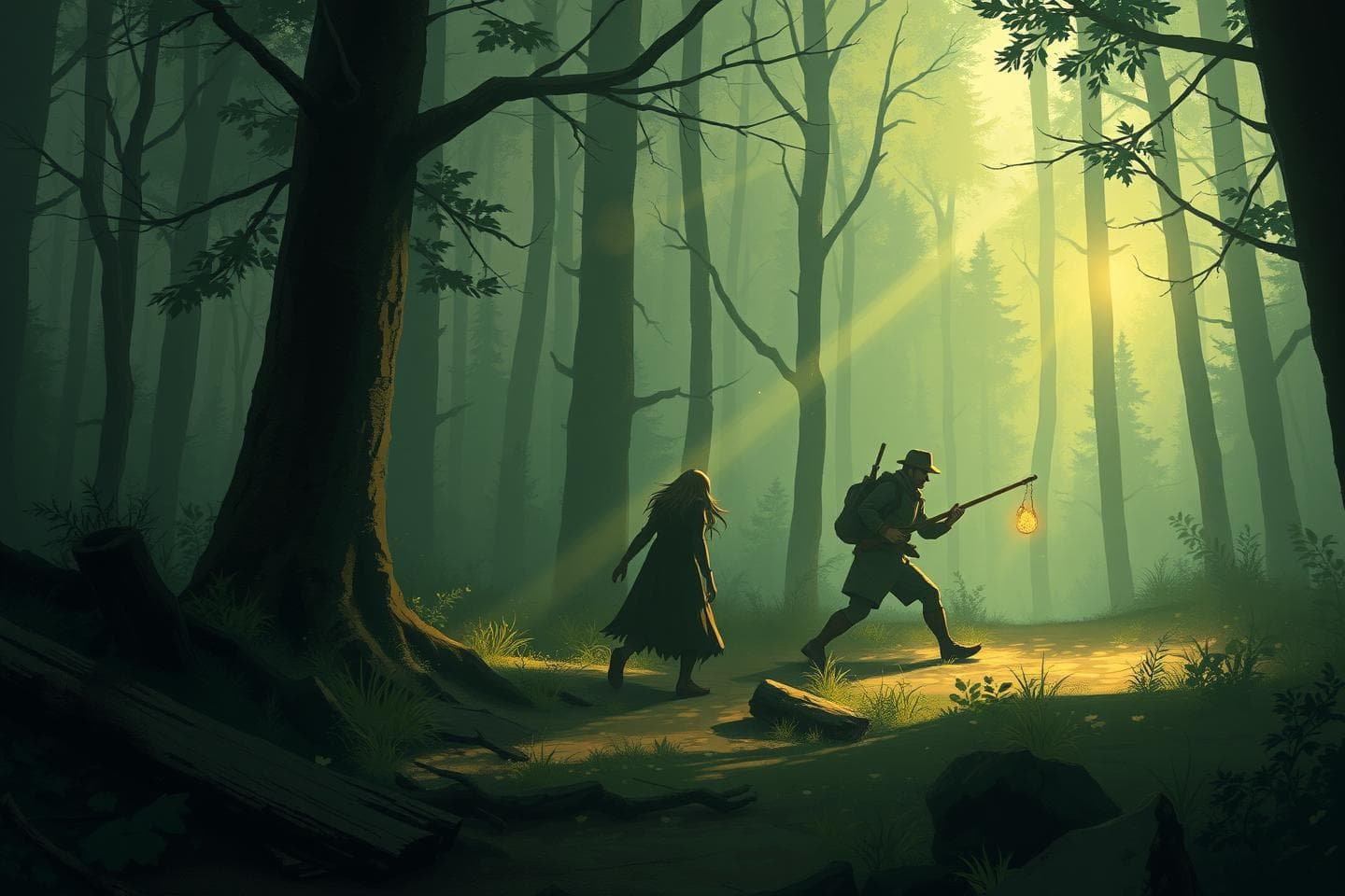 Create a 2d picture of a woman crying in the forest  then found by hunters