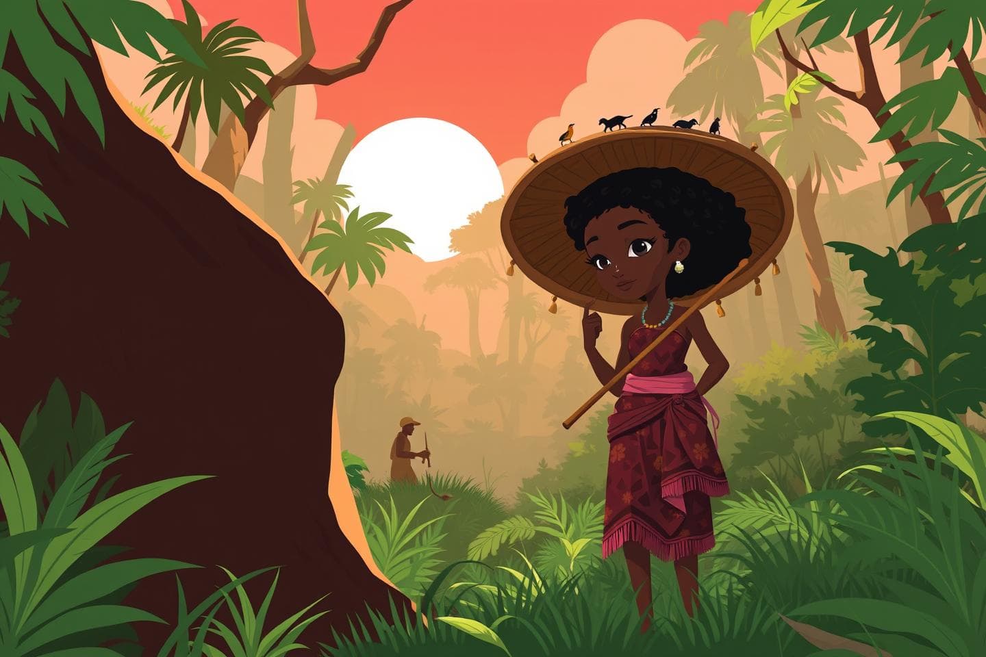 Create a 2d picture of the african woman following hunters in the forest