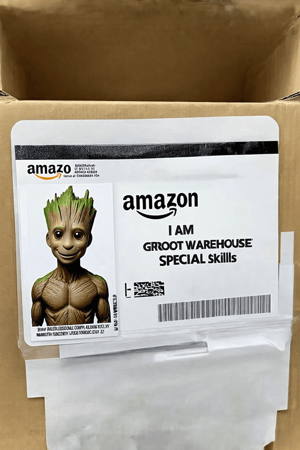 Groot's employee ID badge for Amazon warehouse,, "I AM GROOT" listed as special skills.