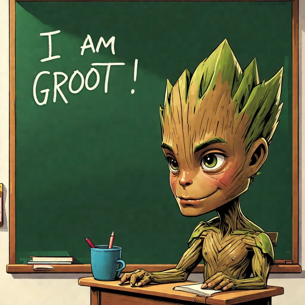 Official portrait of Groot as substitute teacher, writing "I am Groot" repeatedly on classroom blackboard