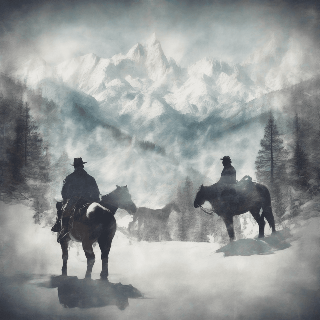 Double exposure, Midjourney style, merging, blending, overlay double exposure image, Double Exposure style,
An exceptional masterpiece by Yukisakura revealing a fantastic double exposure composition of Arthur Morgan’s silhouette harmoniously intertwined with the visually striking, rugged landscapes of the American frontier during a cold winter. Snow-covered pine forests, frosty mountain peaks, and a lone horse cutting through the trail echo outward through the fabric of his figure, adding layers of narrative and solitude. Beautiful tension builds as the stark monochrome background maintains razor-sharp contrast, drawing all focus to the richly layered double exposure. Characterized by its vibrant full-color scheme within Arthur’s silhouette and crisp, deliberate lines that trace every contour with emotional precision. (Detailed:1.45). (Detailed background:1.4).