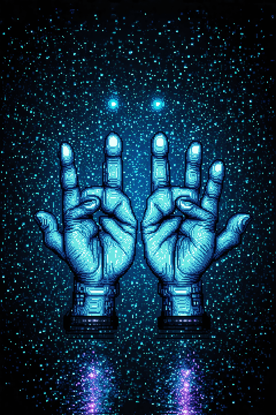 pixel art style, electronic glitch aesthetic, cybernetic texture, white glowing points forming the hands, digital pointillism, dark black background with subtle LCD glass panel texture and glossy reflections, faint holographic light leaks in cyan and violet, cinematic lens bloom, futuristic minimalism