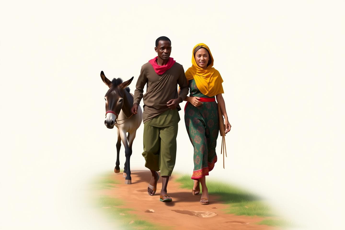 Create a 2d picture of an african man and his wife walking with a donkey by their side