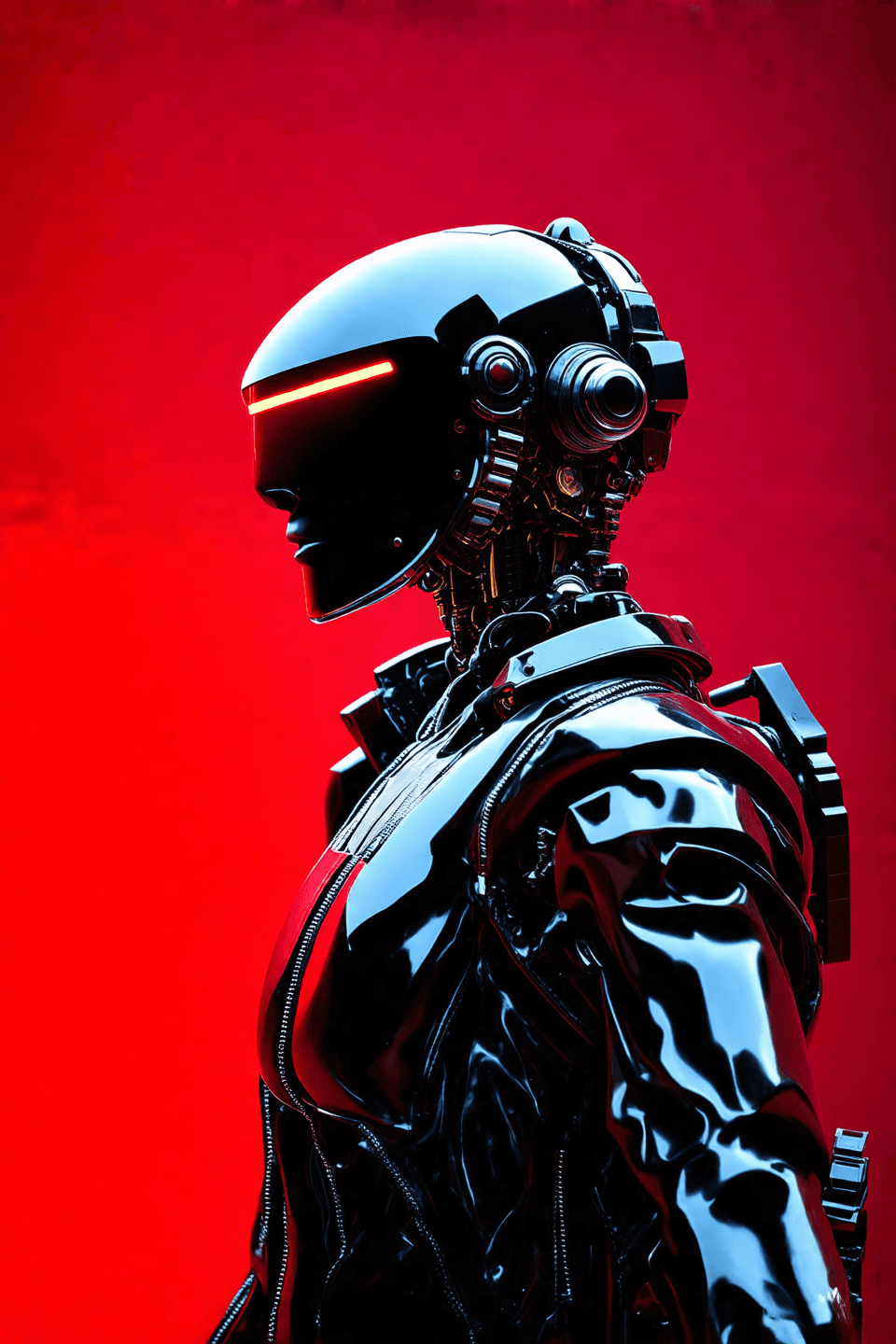 An image features a side view of a futuristic, humanoid robot or cyborg set against a bold red background. The figure wears a sleek, black, glossy helmet with a single red LED line running horizontall