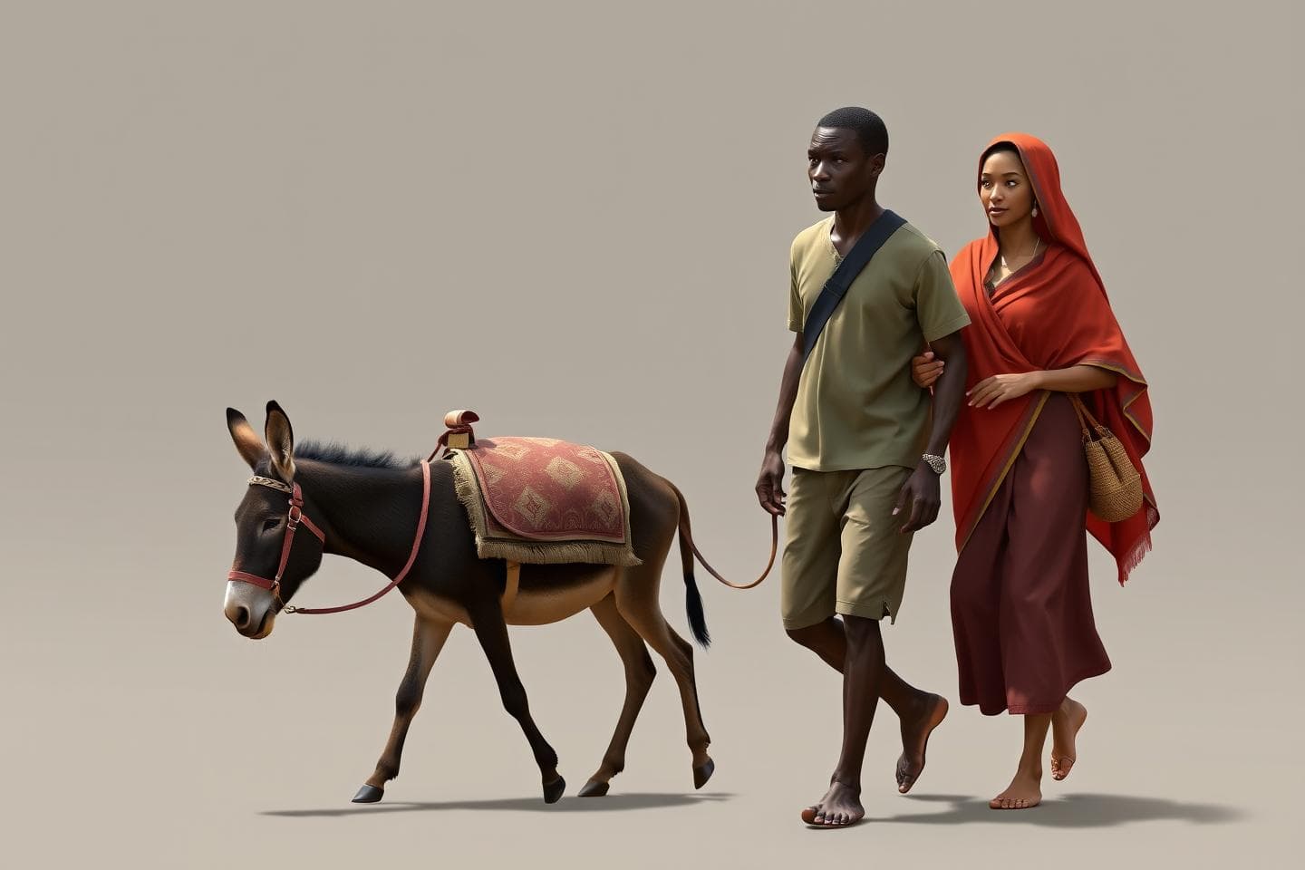 Create a 2d picture of an african man and his wife walking with a donkey by their side