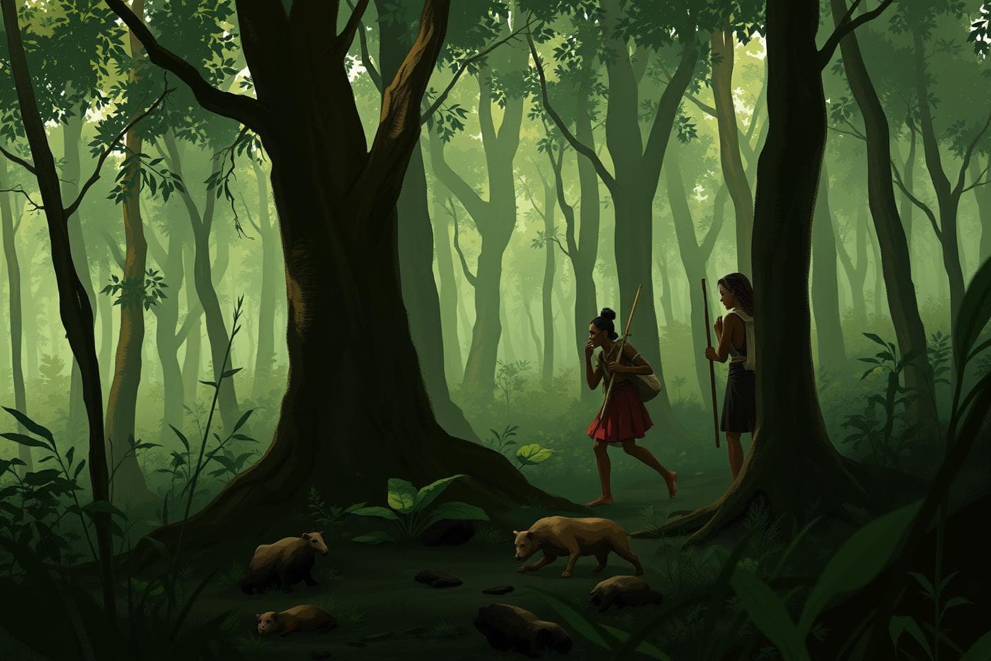 AI generated: Create a 2d picture of an african woman crying in the forest  then found by hunters