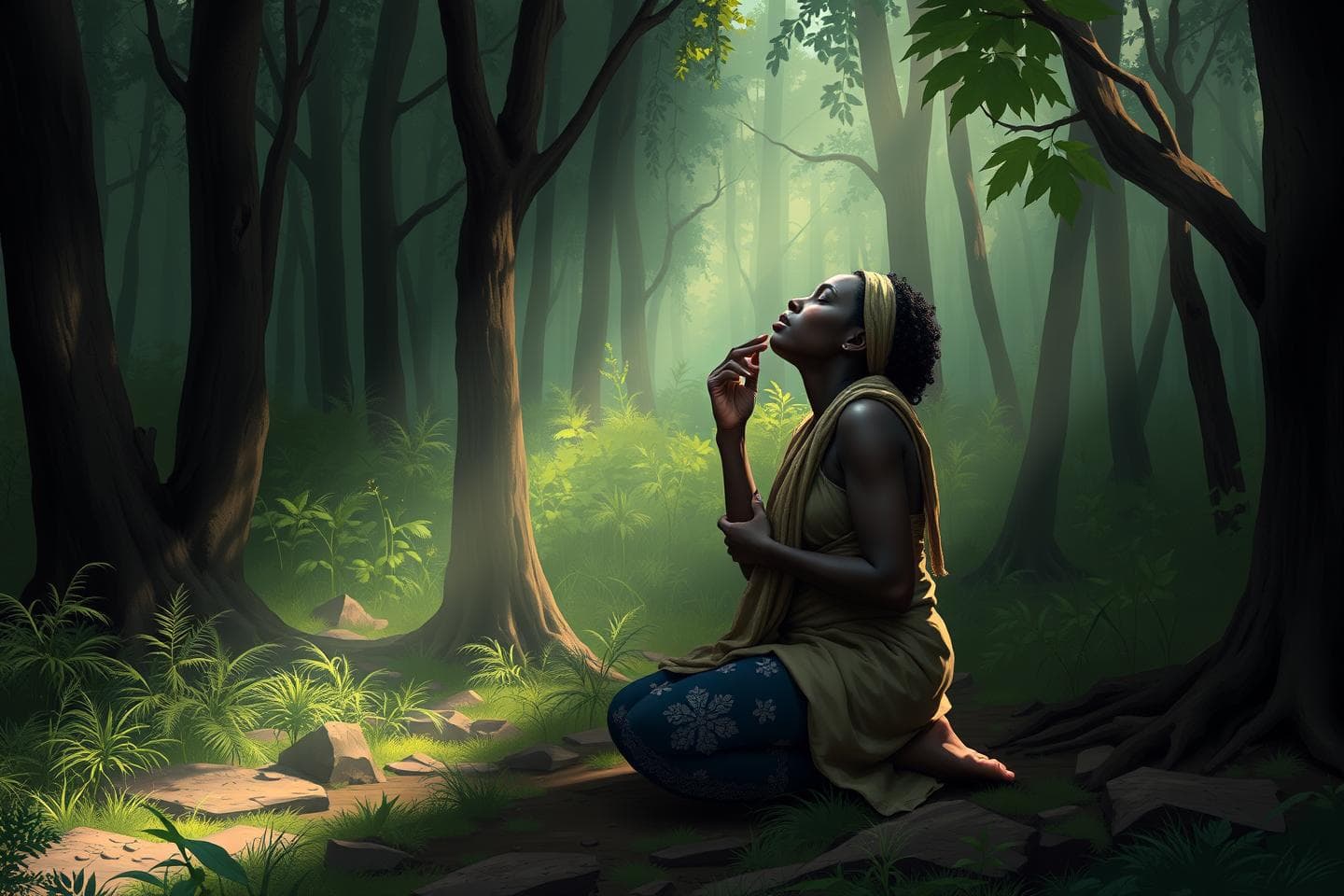 Create a 2d picture of an african woman crying in the forest while kneeling
