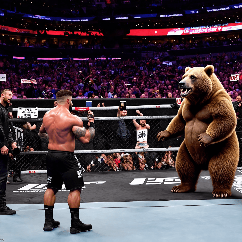 Generate a hyper-realistic, cinematic photo of a UFC weigh-in event set inside the packed Barclays Center in Brooklyn, New York. The event features a surreal but intense face-off between Khabib Nurmag