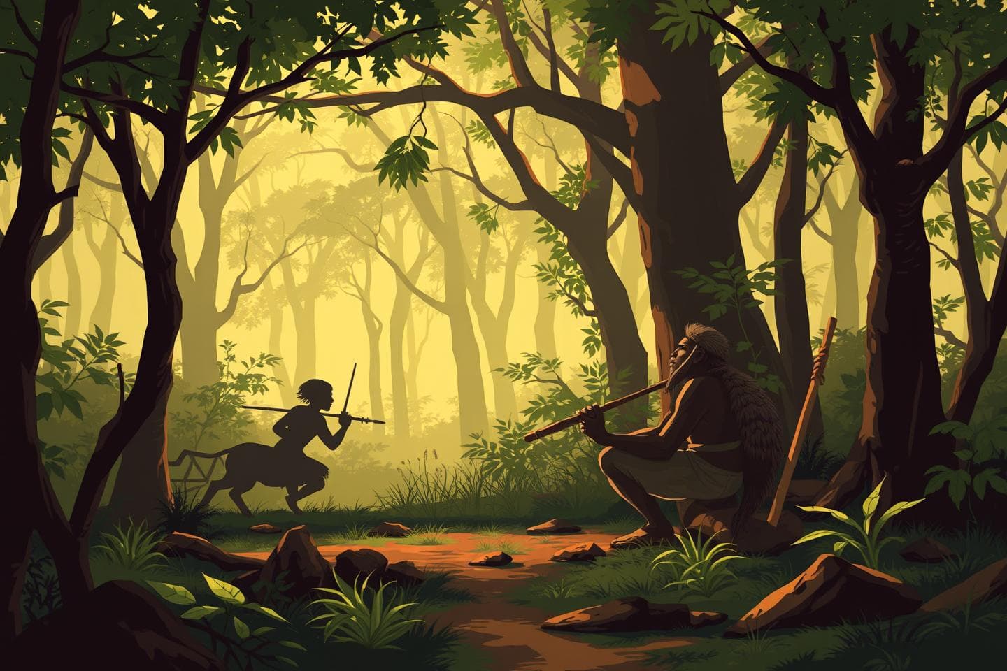 Create a 2d picture of an african hunters in the forest