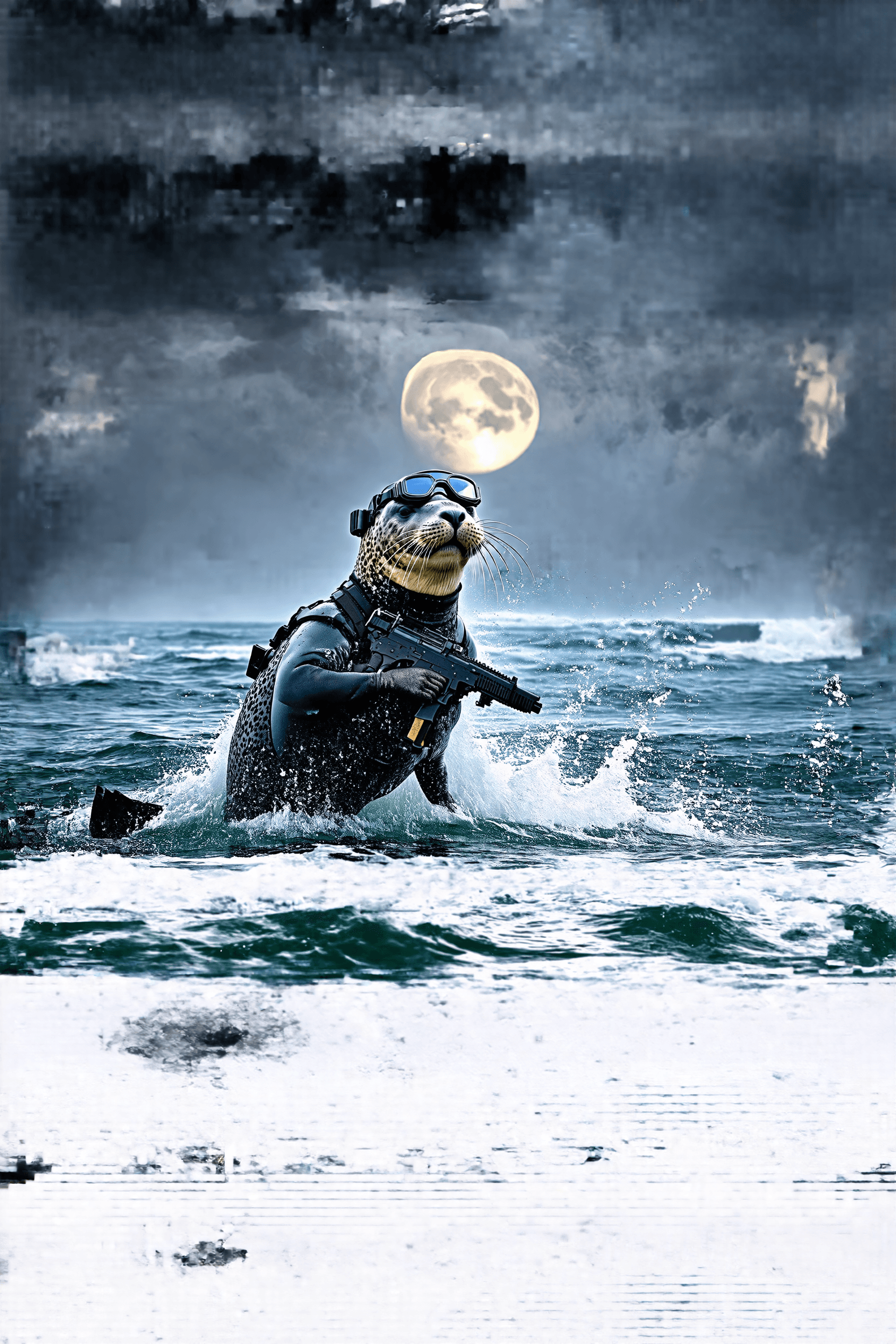 An elite Navy SEAL—but it’s a real seal, a sleek harbor seal in full tactical gear: black ops wetsuit, night vision goggles perched on its head, combat harness strapped across its blubbery chest. It e