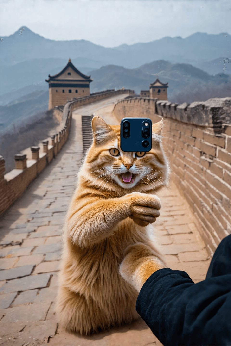First-person POV of a fluffy ginger cat taking a selfie on the Great Wall, holding a smartphone with its paw, ancient stone bricks and watchtowers in background, morning mist over mountains, cat grinn
