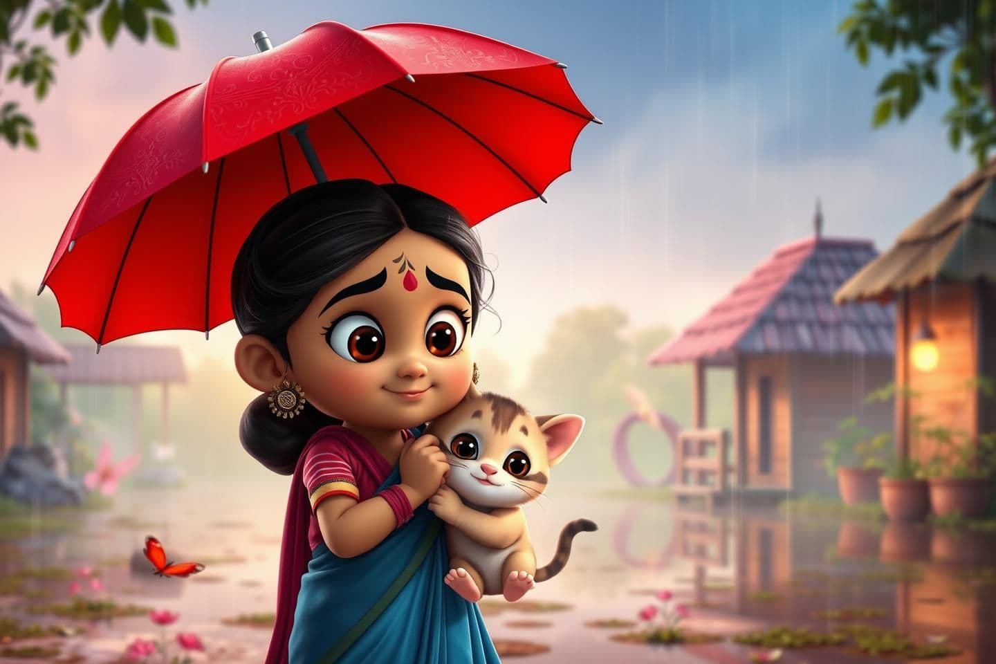 AI generated: Emotional and heartwarming cartoon-style thumbnail, little girl Gudiya holding a red umbrella, gently hugging or protecting a small cute kitten Meethu, soft morning or rainy backgr