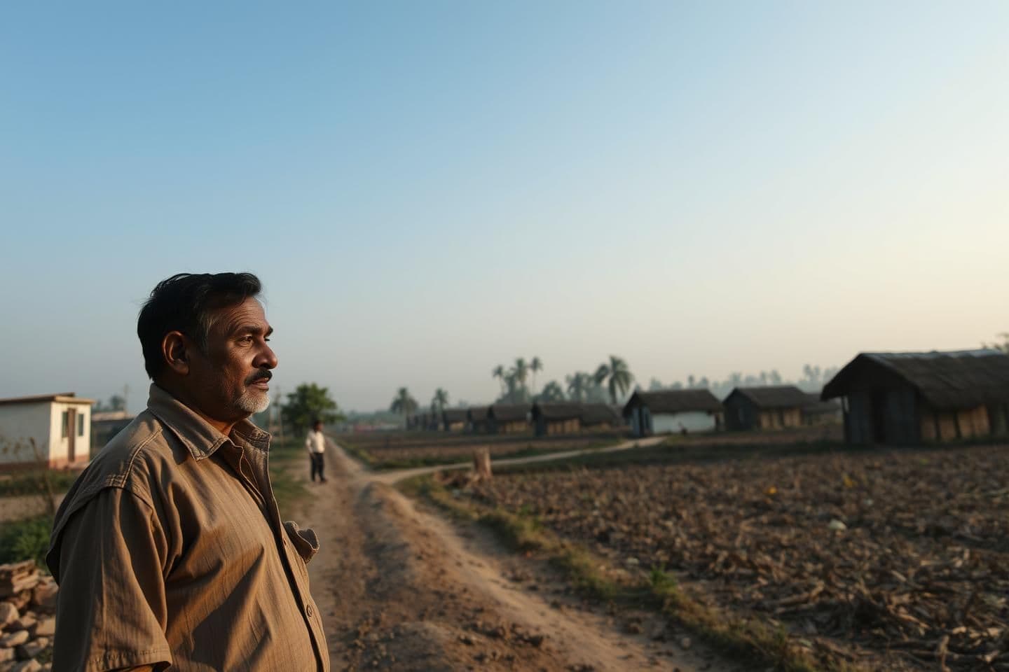 AI generated: IMPORTANT: Generate with all text in Hindi script only. Scene 1 – Village and Farmer
“A quiet rural scene in the morning, a dirt path, small houses. The camera slowly zooms in on R