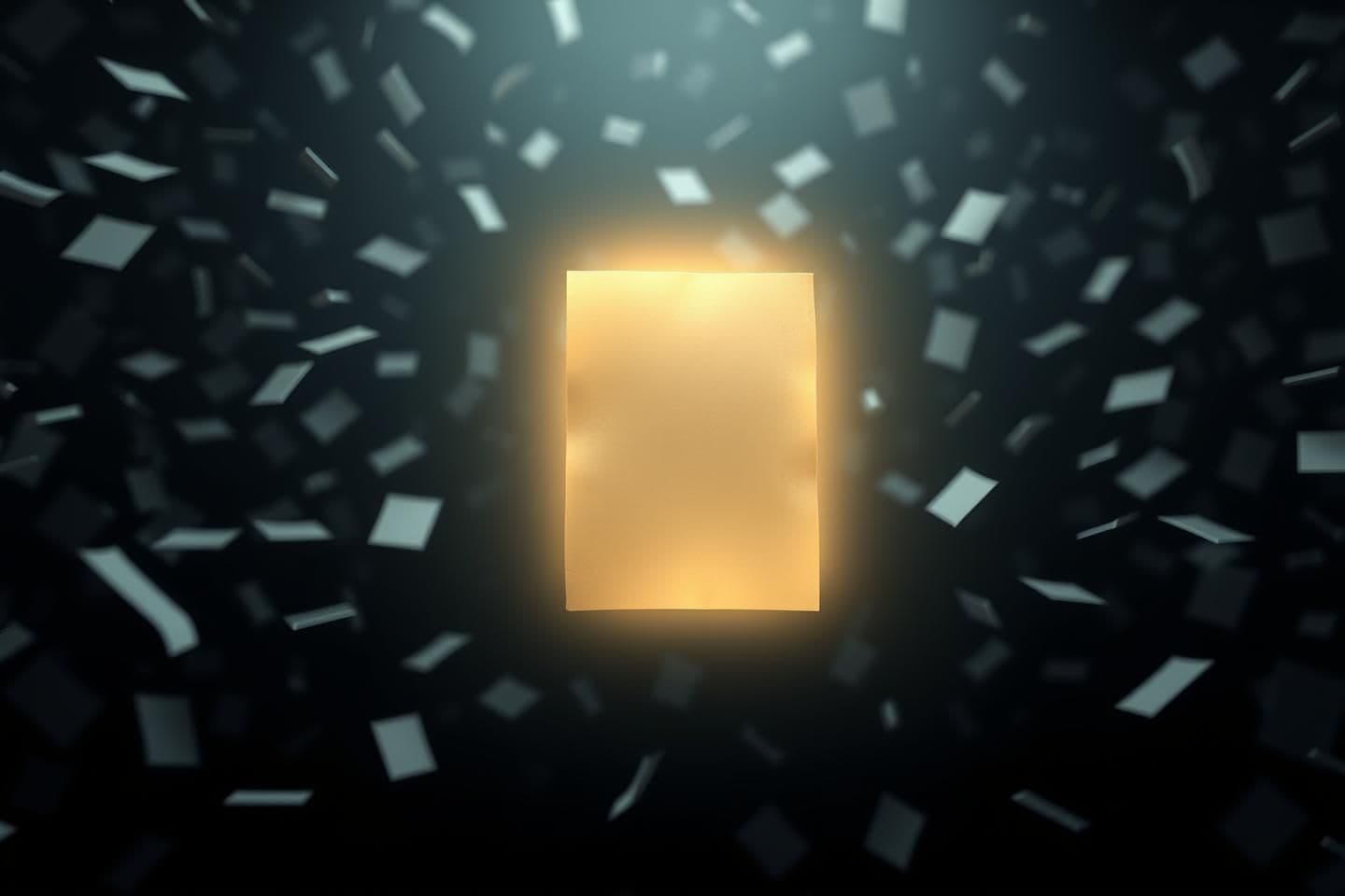 AI generated: A highly stylized 3D render showing a single glowing paper document floating mid-air in darkness while thousands of faint, ghost-like pages drift away into the void, lit with soft
