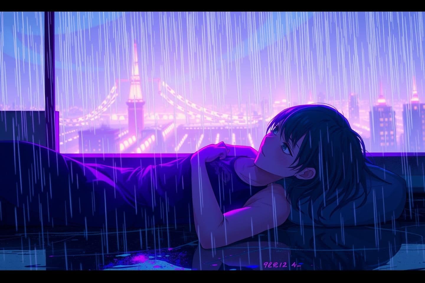 AI generated: Ultra-realistic cinematic anime art of a girl and a man on a rainy cyberpunk rooftop.
The man lies with his head in her lap, both gazing into each other's eyes under falling neon r