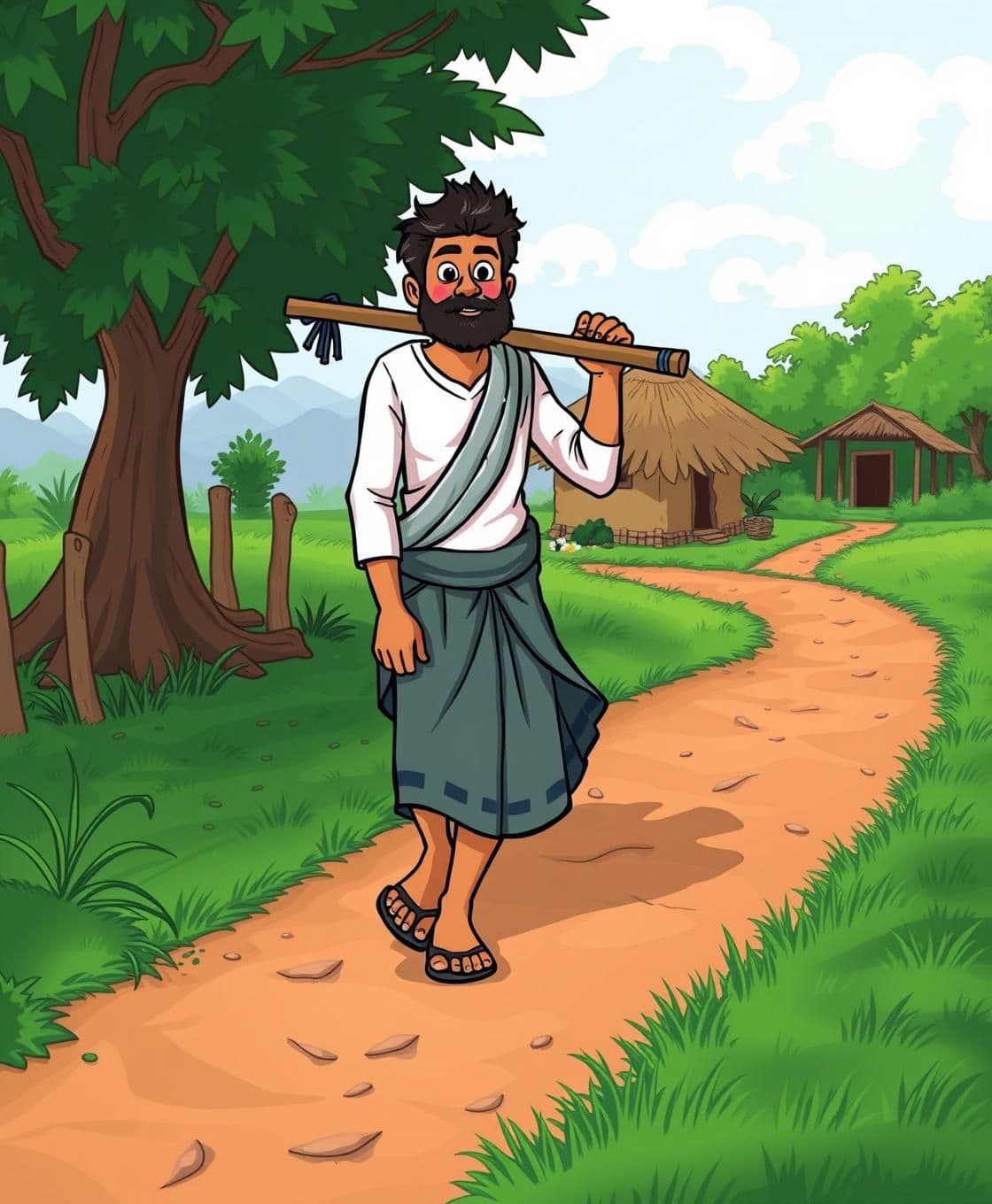 AI generated: IMPORTANT: Generate with all text in Hindi script only. Village morning, mild sunshine, a poor farmer Ramu wearing dhoti-kurta is going towards the field with a plough on his shoul