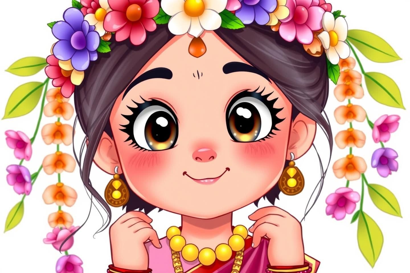 AI generated: A beautiful 10-year-old girl character, no background — pure white or transparent background. She has big, shiny eyes with thick black kajal, soft pink eyeshadow above the eyes, an