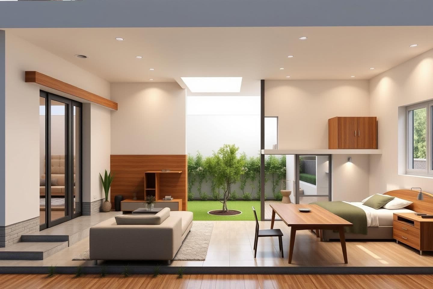 AI generated: 1. Front Exterior View
"3D rendering of a modern, compact 3-bedroom north-facing house on a 3-cent plot. Show the front façade with a small porch, sliding glass doors and windows,