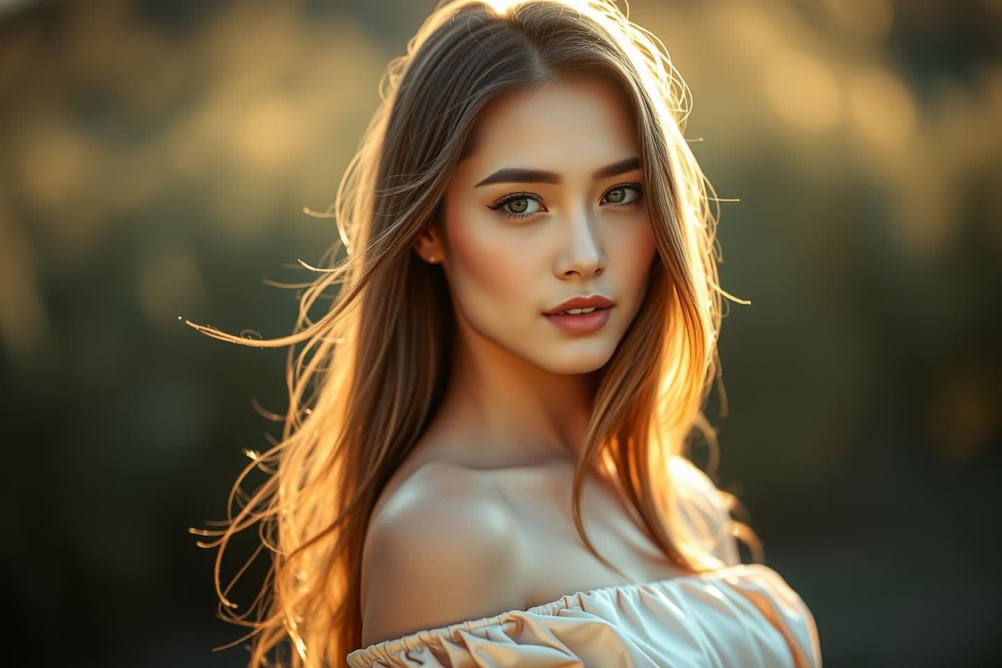 AI generated: portrait of a beautiful woman in soft morning light, delicate expression, gentle gaze, long flowing hair, wearing an off-shoulder silky dress, natural makeup, warm glow, cinematic