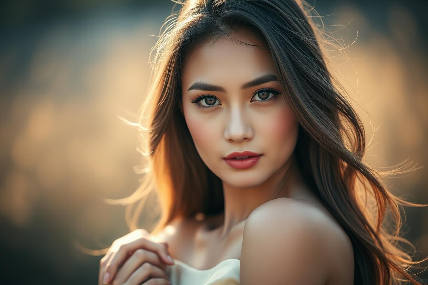 AI generated: portrait of a beautiful woman in soft morning light, delicate expression, gentle gaze, long flowing hair, wearing an off-shoulder silky dress, natural makeup, warm glow, cinematic