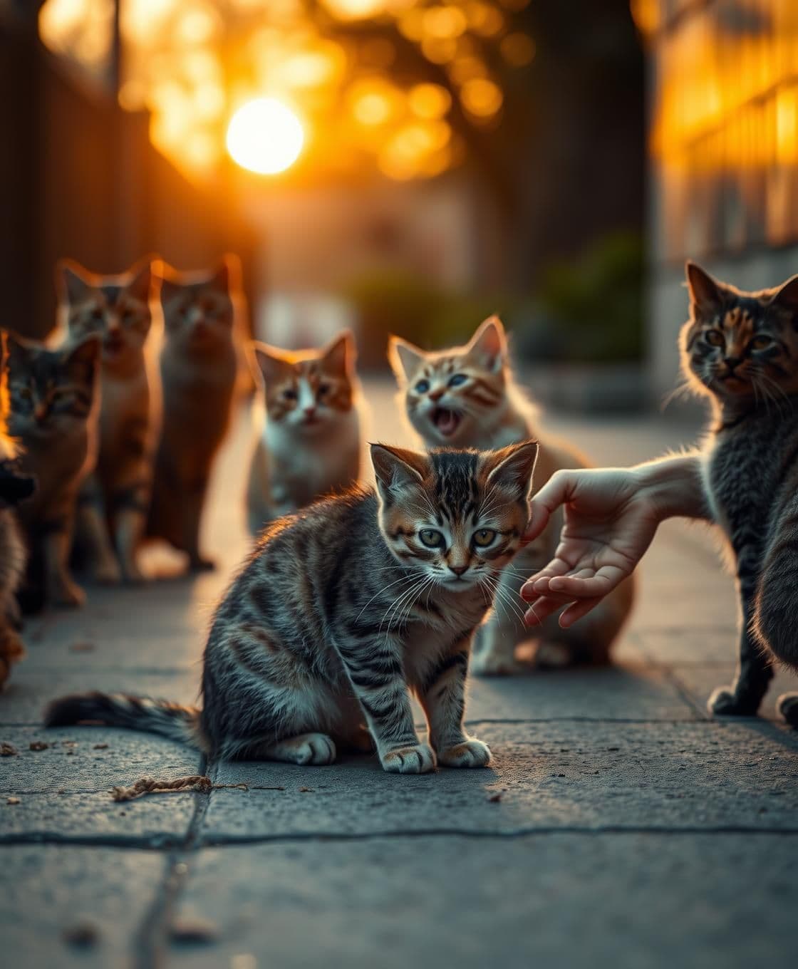AI generated: A The little cat sitting sadly on a footpath at sunset, eyes filled with tears, asking for work. Several cats around her mockingly laughing. A kind human steps forward with a gentl