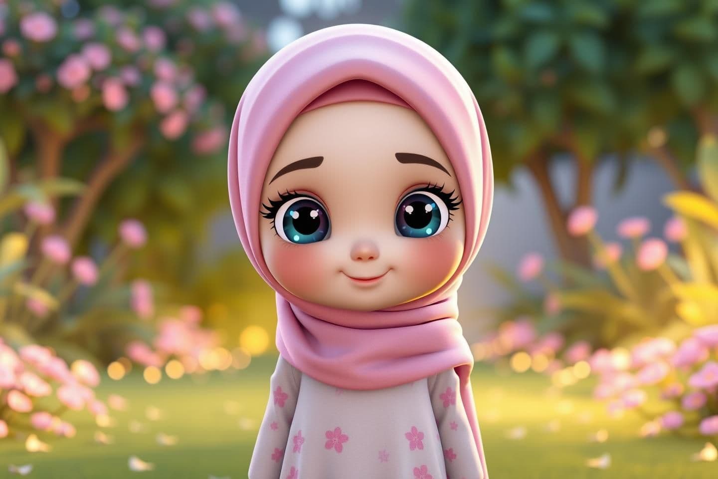 AI generated: A super cute 3D cartoon Muslim girl character, wearing a beautiful pastel pink hijab and a modest floral long dress, big expressive sparkling eyes, chubby rosy cheeks, adorable inn