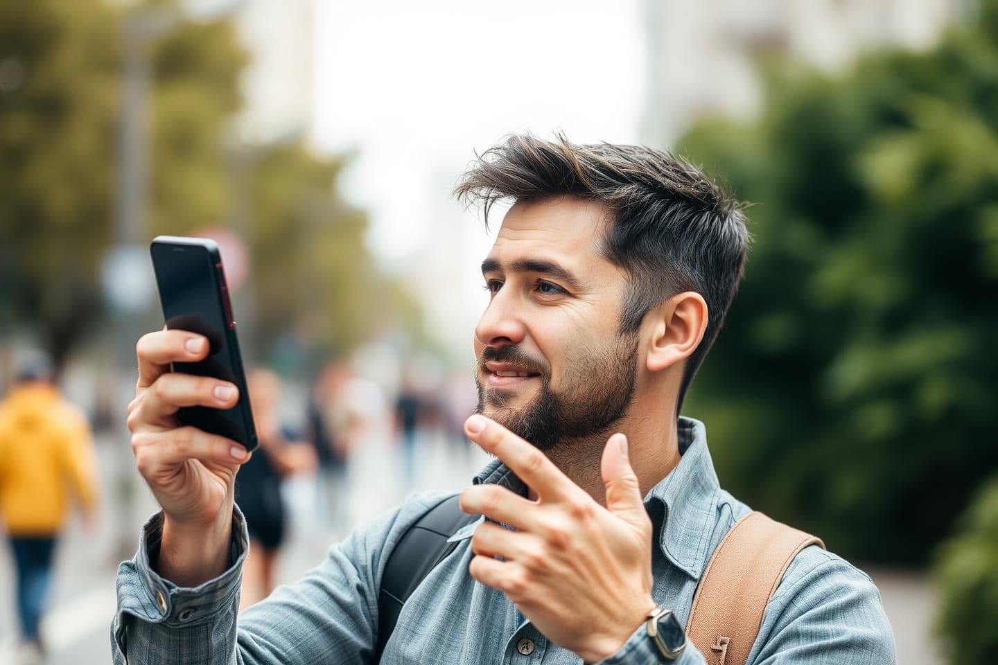 AI generated: engaging scene in 140 words that describes a man holding a phone in his hand.Focus on the setting, the man’s appearance, and his emotions.The scene should evoke a sense of purpose