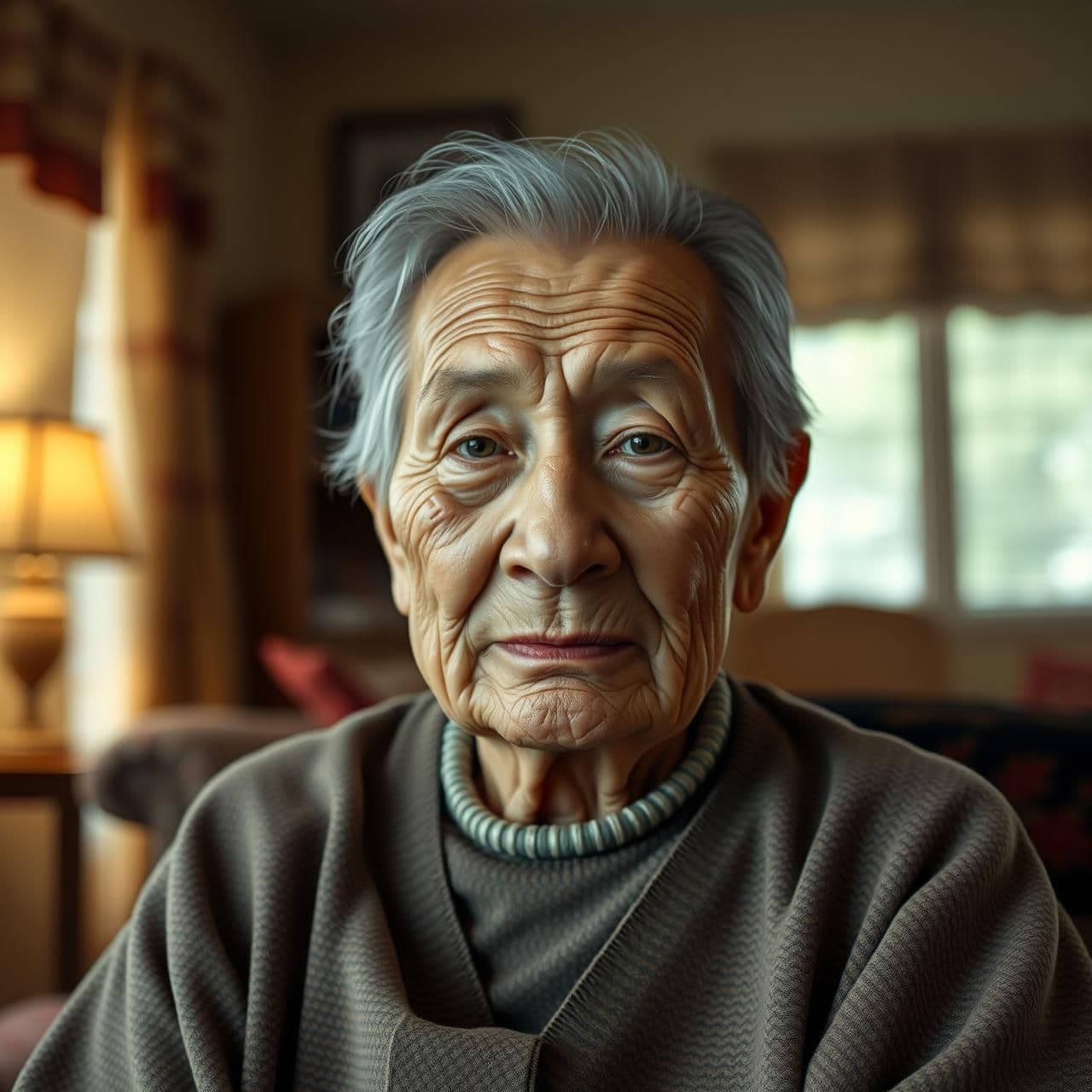 AI generated: A realistic cinematic portrait of an elderly USA grandmother sitting inside a cozy home, facing the camera with a gentle and wise expression. The background shows a warmly lit livi