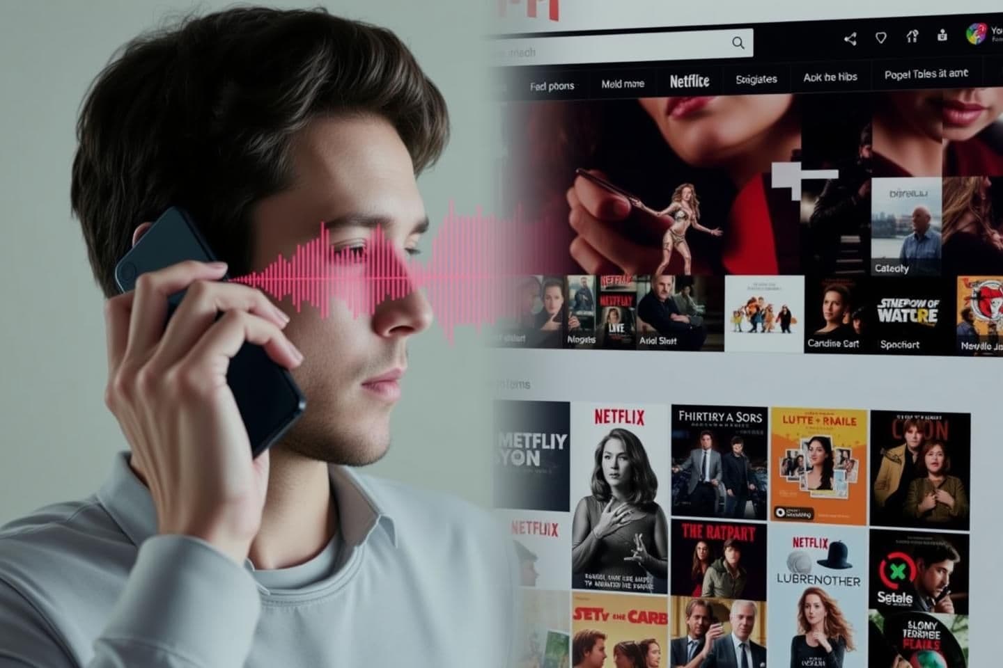 AI generated: A split image showing a person talking into a smartphone on one side and a vibrant waveform or speech-to-text visualization on the other.A screenshot of a streaming service (like N