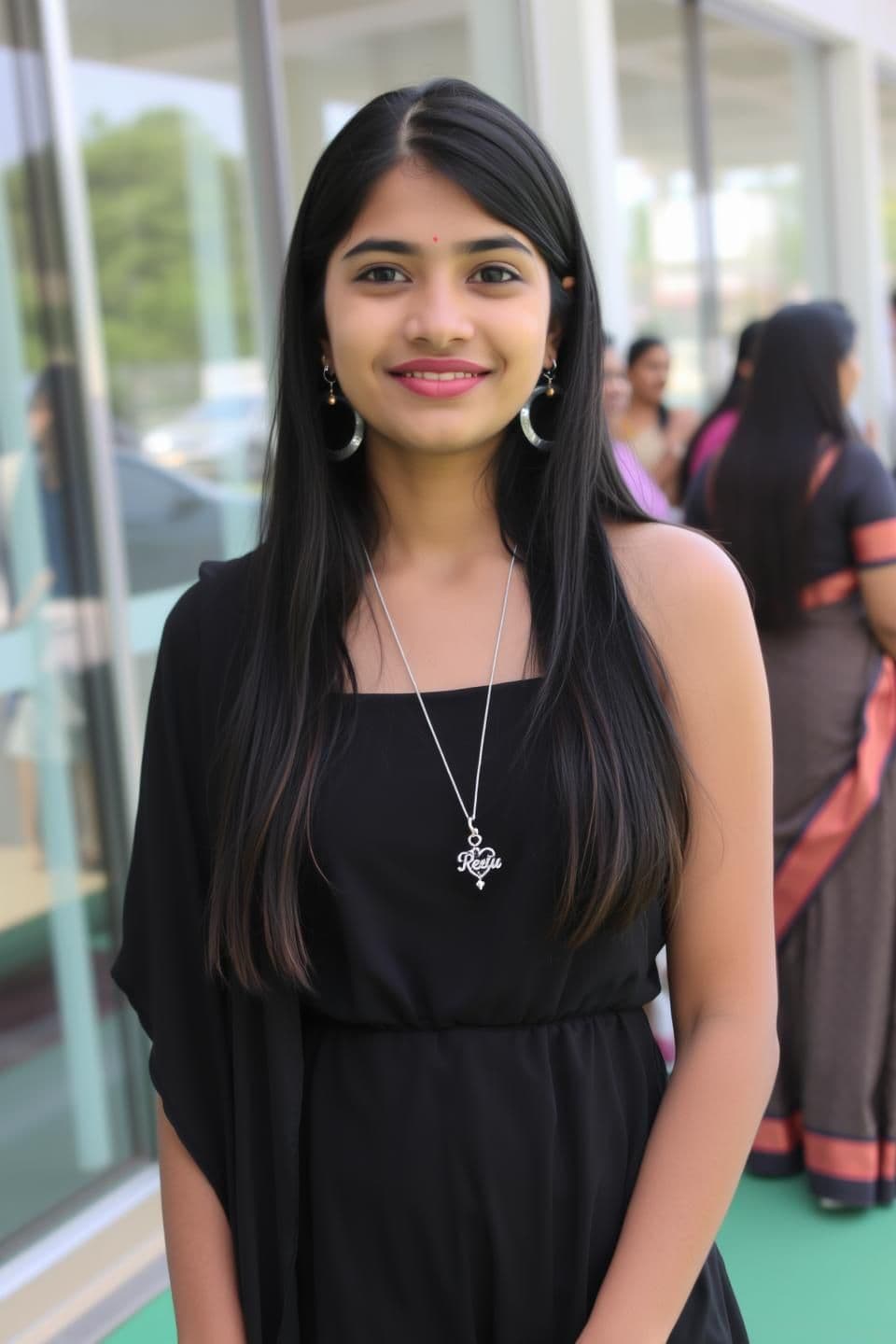 AI generated: A young Indian woman, likely in her early fourteens , is the main subject. She is wearing large silver earrings. Her dark hair is long and straight. She has fair skin, and a subtle