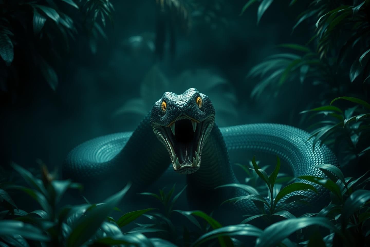 AI generated: Ultra-realistic 4K cinematic shot of a dense dark jungle filled with thick green plants, mist and dramatic lighting. A full-length dangerous snake completely visible from head to t