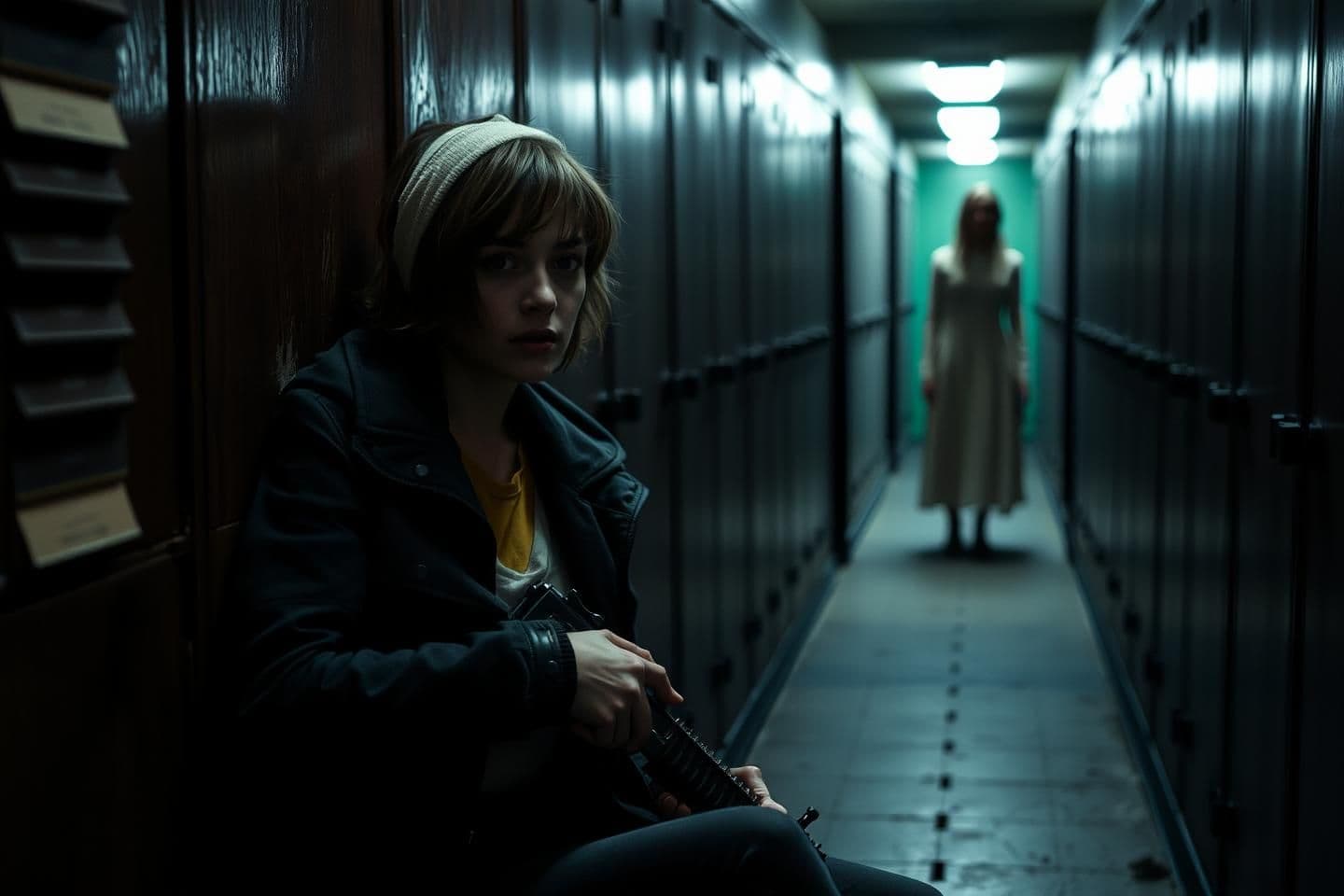 AI generated: A tense, cinematic horror scene inside a dimly lit archive room. In the foreground, a wounded young woman with short, messy hair sits against a wooden cabinet, wearing a head banda