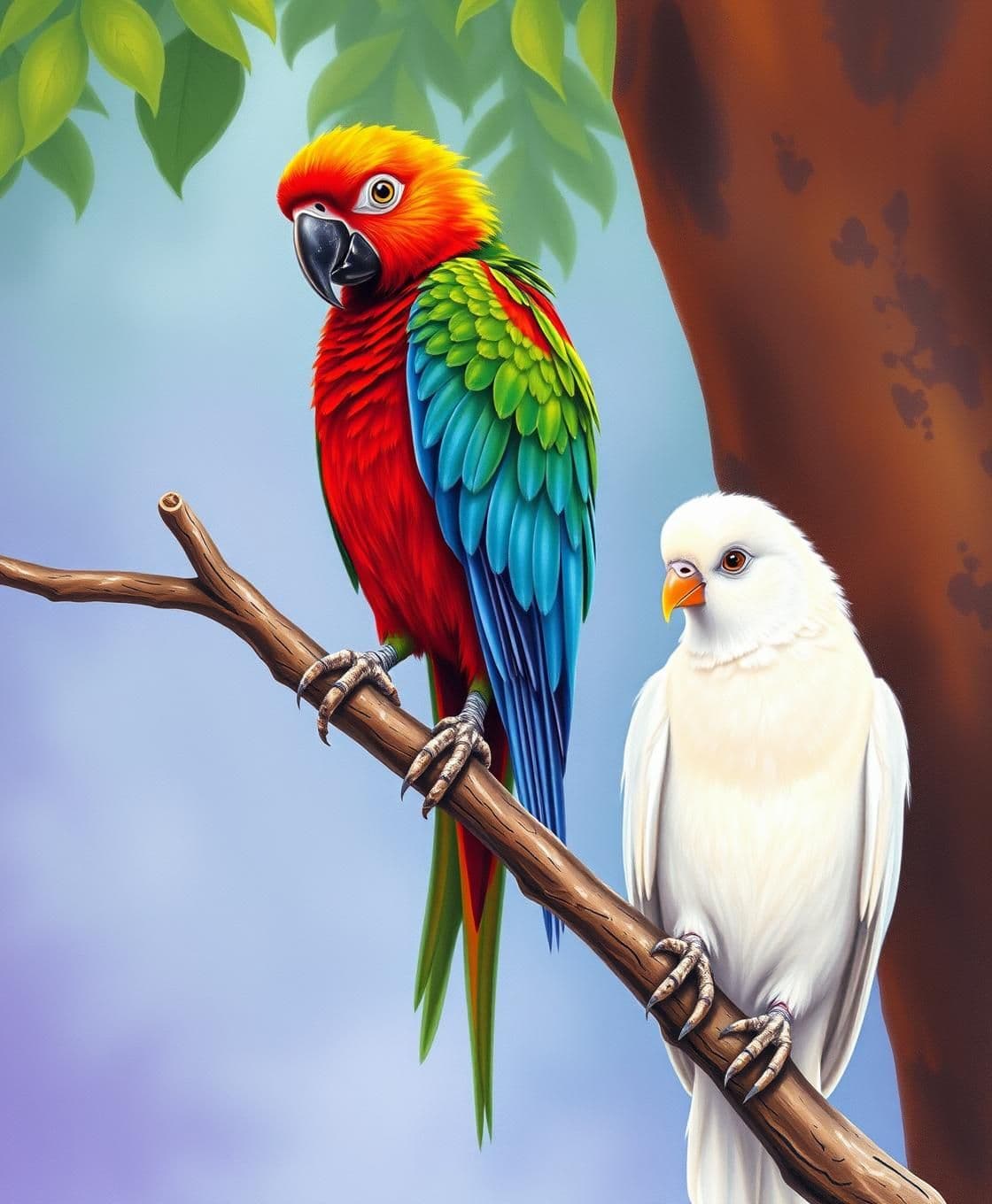 AI generated: Ek “A colorful parrot and a white pigeon sitting together on a tree branch tote aur kabuter ped par baith kar baatein kar rahe the. Tote ne kaha, “Main sabse zyada bol sakta hoon!”