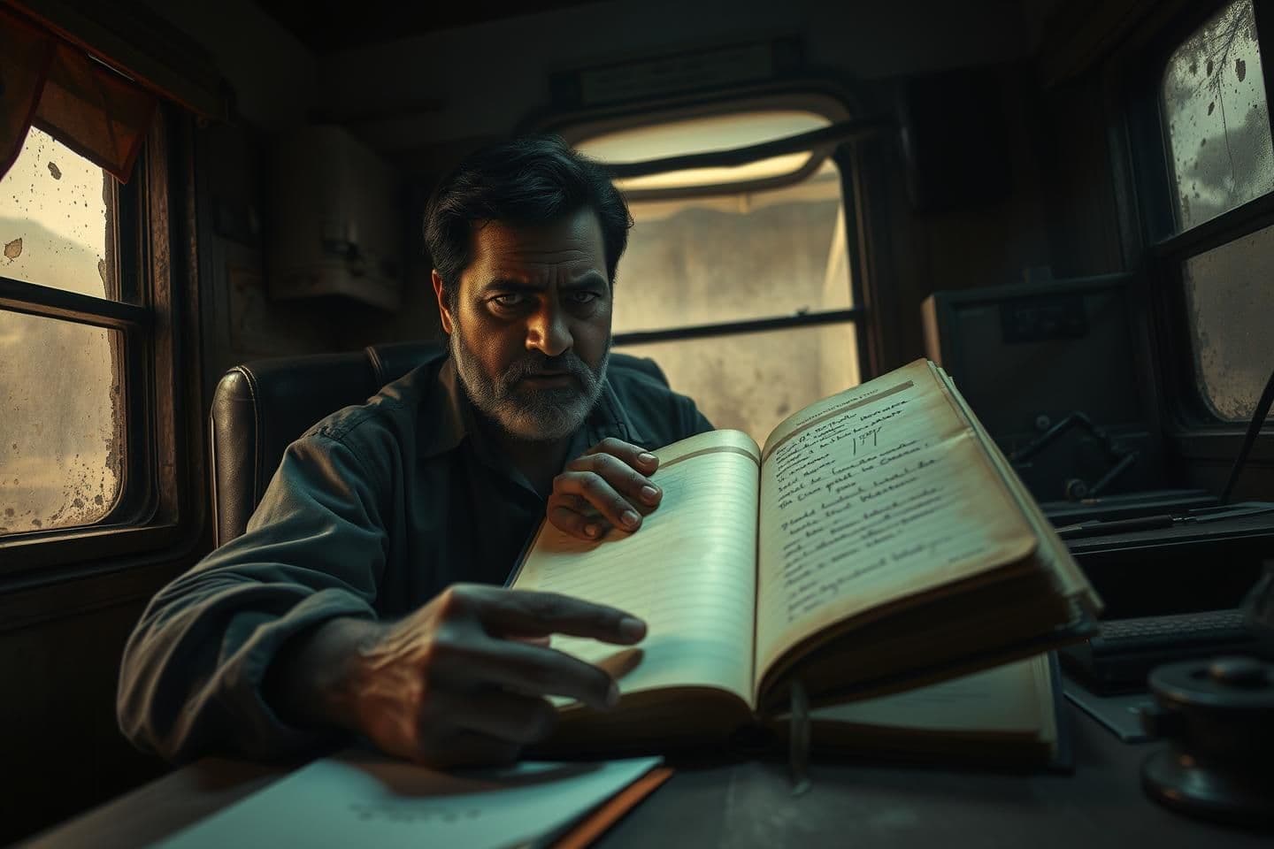 AI generated: A suspenseful morning scene inside a small, dimly lit train office. Rajesh, the experienced train driver, sits at a desk, opening an old logbook with a horrified expression. Soft m