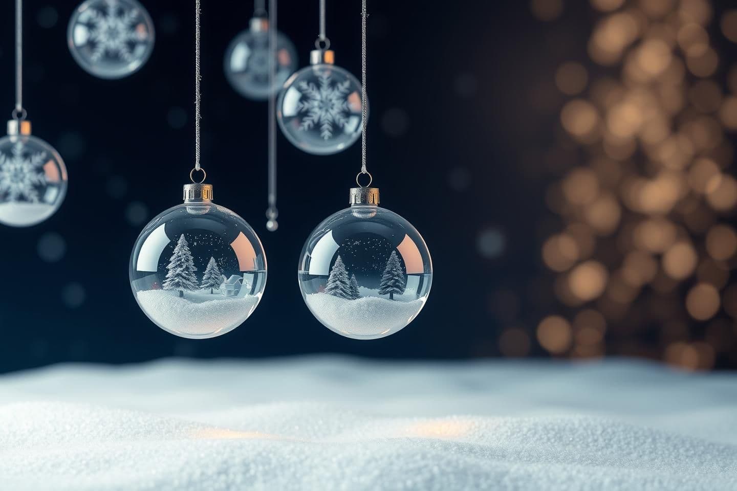 AI generated: Hyper‑realistic “floating ornament nebula” scene: translucent glass baubles levitating softly above a snowy minimal ground plane, inside each bauble tiny frosted landscapes, realis