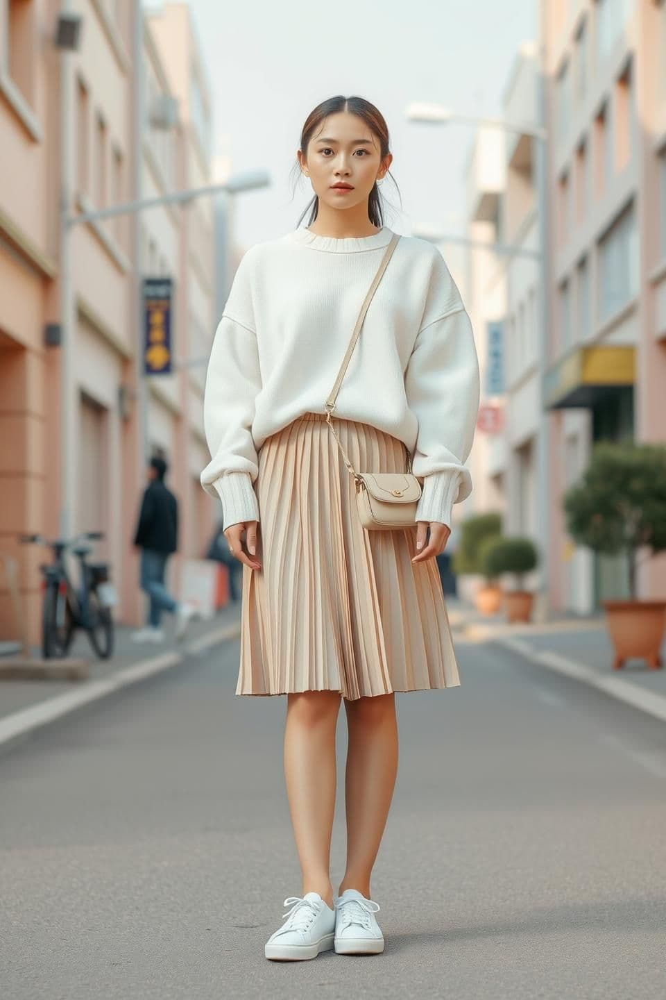 AI generated: “A Korean fashion girl standing in a soft pastel street background, slightly far away from the camera. Clean realistic style. Soft natural lighting, light pink & beige tones. Calm