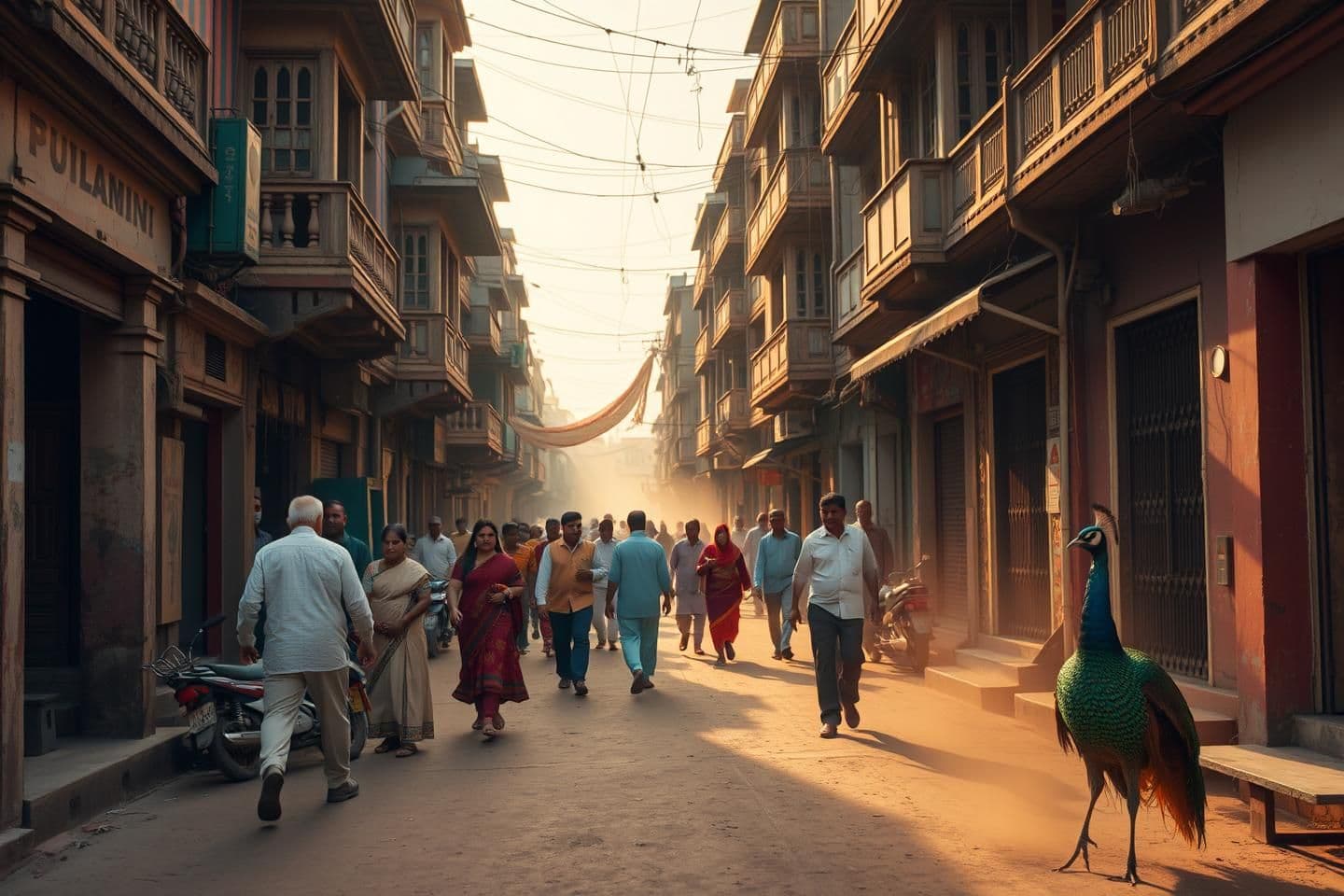 AI generated: “Hyper-realistic Vrindavan street in North India, natural sunlight, real buildings, real people walking, dust particles in warm air, peacocks on the side, authentic Indian textures