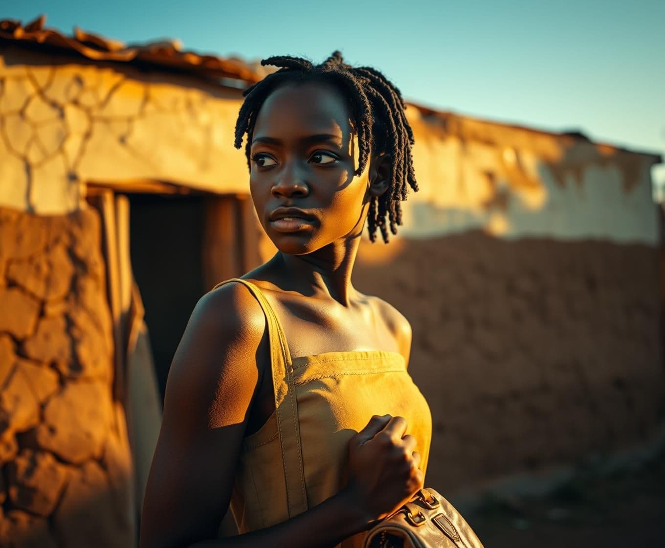 AI generated: A young Nigerian woman with caramel skin and short braids stands silently in front of an old, cracked mud house with faded paint. The afternoon sun casts a golden glow, highlightin
