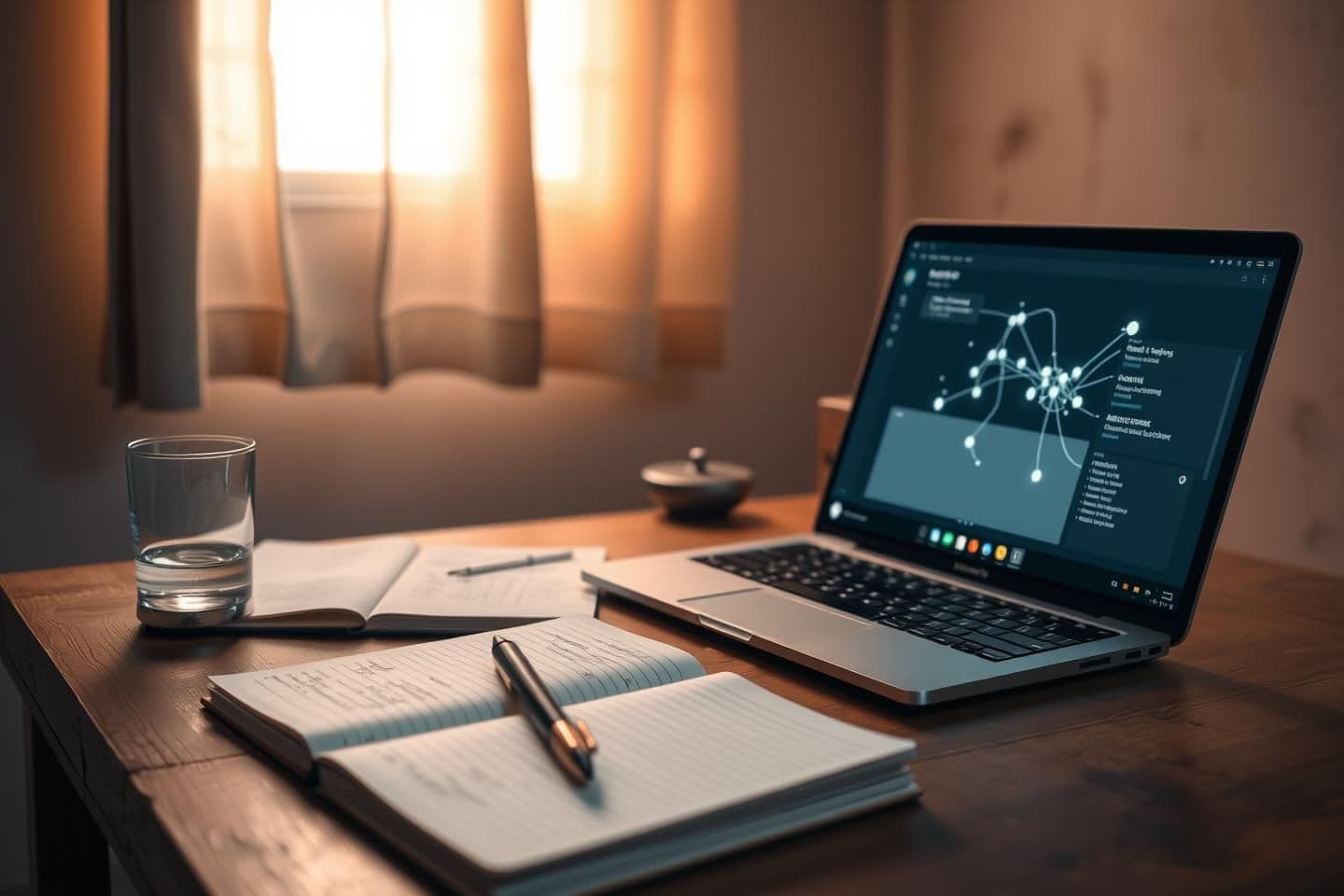 AI generated: Minimalist Indian middle-class home workspace, warm soft lighting. A slightly worn wooden desk with a silver vessel glass of water, an open notebook with quick handwritten notes fr