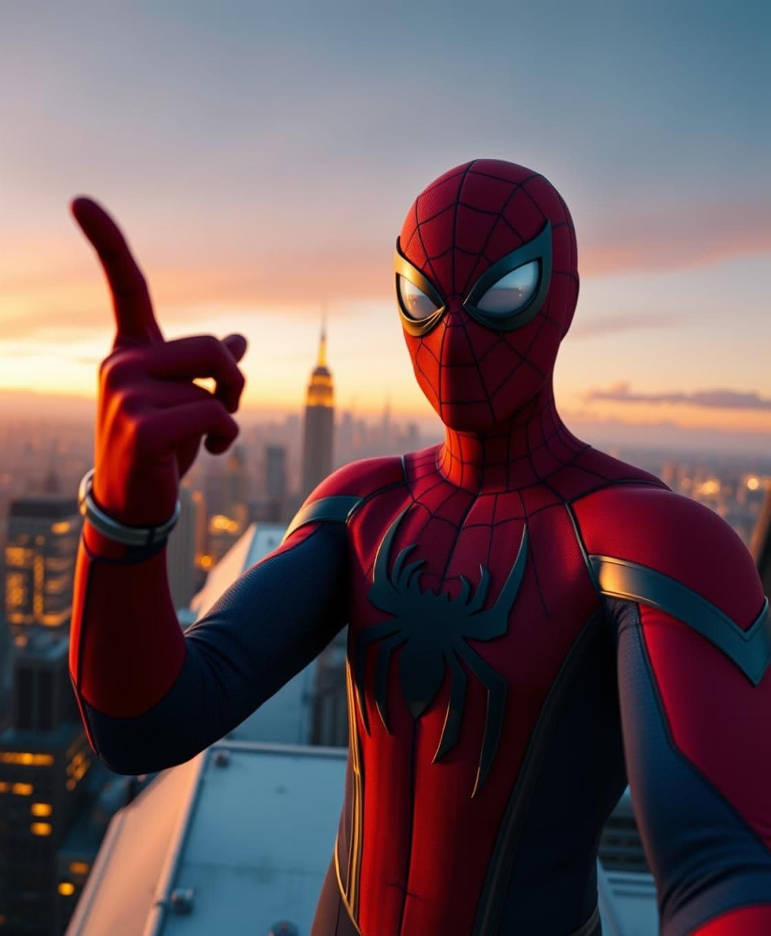 AI generated: “Ultra-realistic 4K cinematic shot, Spider-Man standing on a New York rooftop during sunset, taking a selfie with one hand. His suit is the classic red-blue texture, same face in a