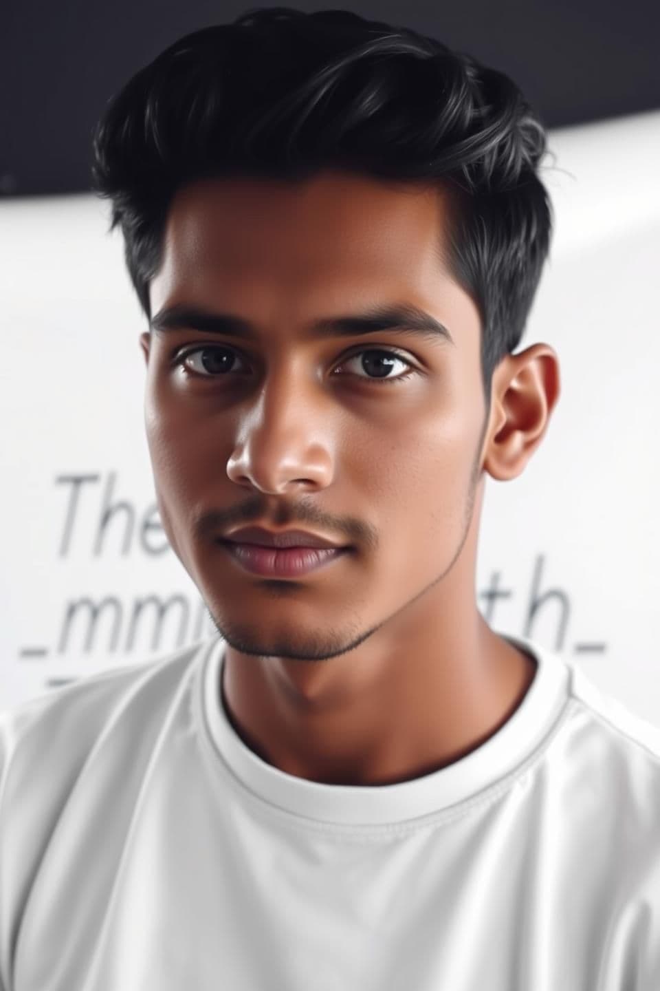 AI generated: “A high-resolution studio-style portrait of a 21-year-old man looking forward. Clean, soft studio lighting, sharp details, and natural skin texture. In the background, create a smo