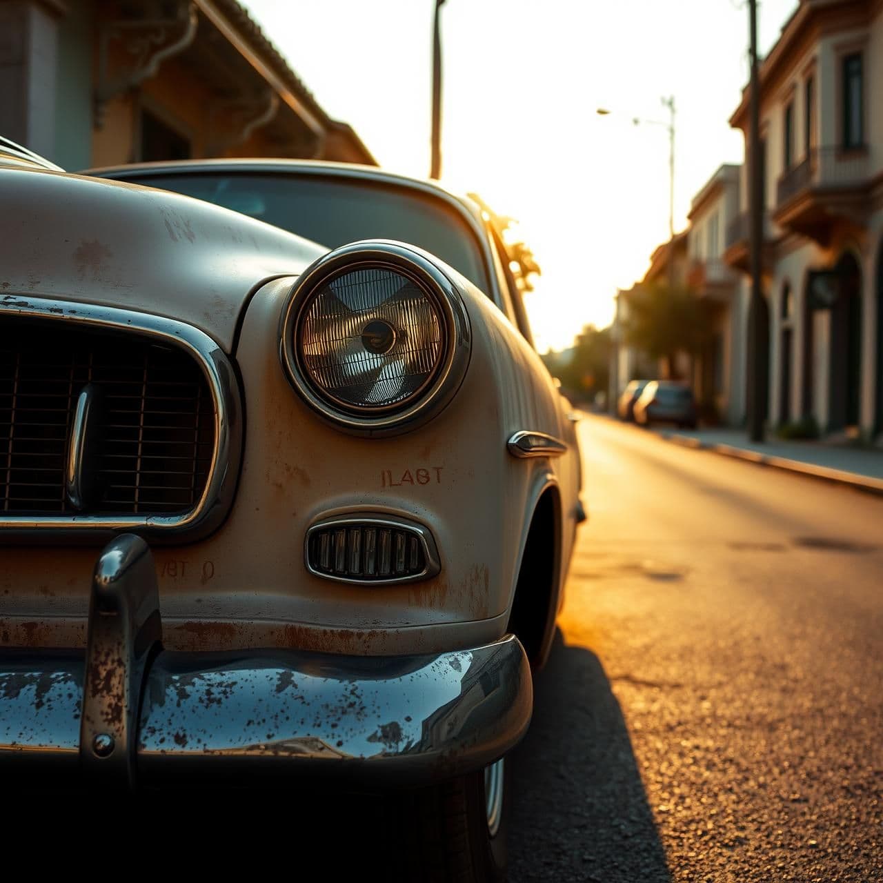 AI generated: “A beautifully aged vintage car parked on a quiet old street, faded paint, light rust texture, chrome details shining softly, nostalgic 1950s vibe, warm golden-hour sunlight, cinem