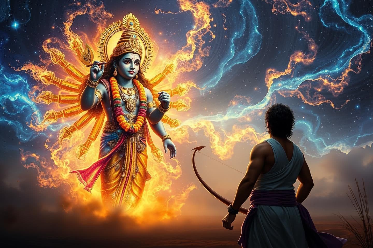 AI generated: /journey A divine and majestic scene where Lord Krishna reveals his deep cosmic divine form before a fully surprised Arjuna on the battlefield of Kurukshetra. Lord Krishna stands ,