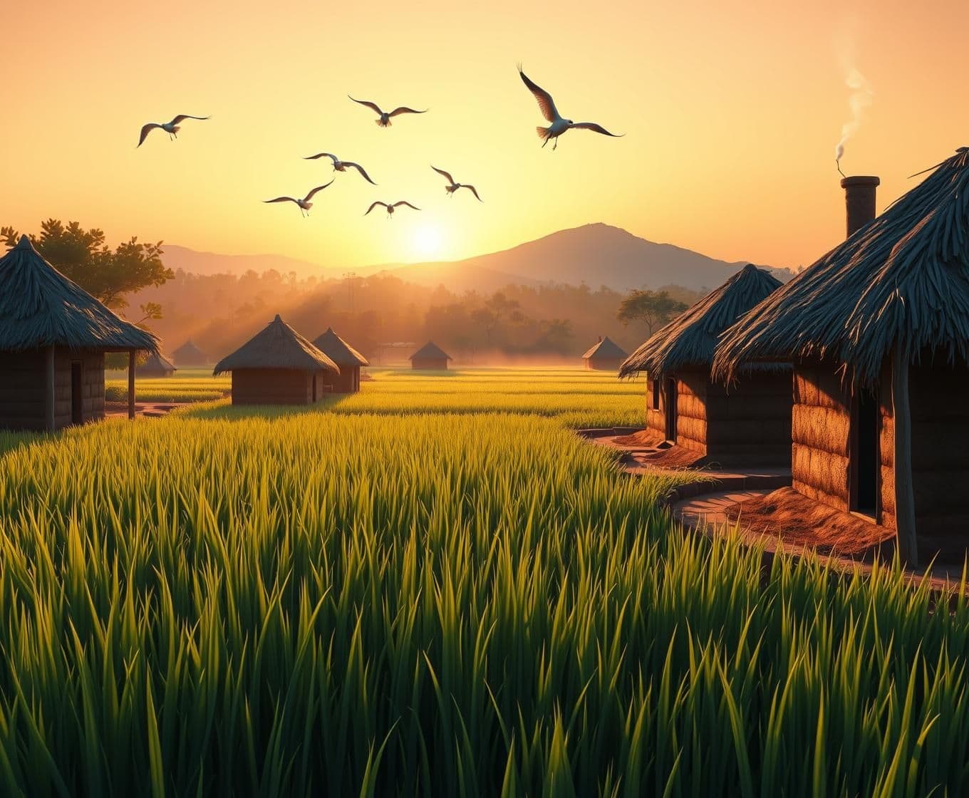 AI generated: 2D hand-drawn animation, ultra-detailed cinematic title card, 16:9 widescreen masterpiece. Epic rural Bengal sunrise: first golden rays slicing through thin morning mist like liqui