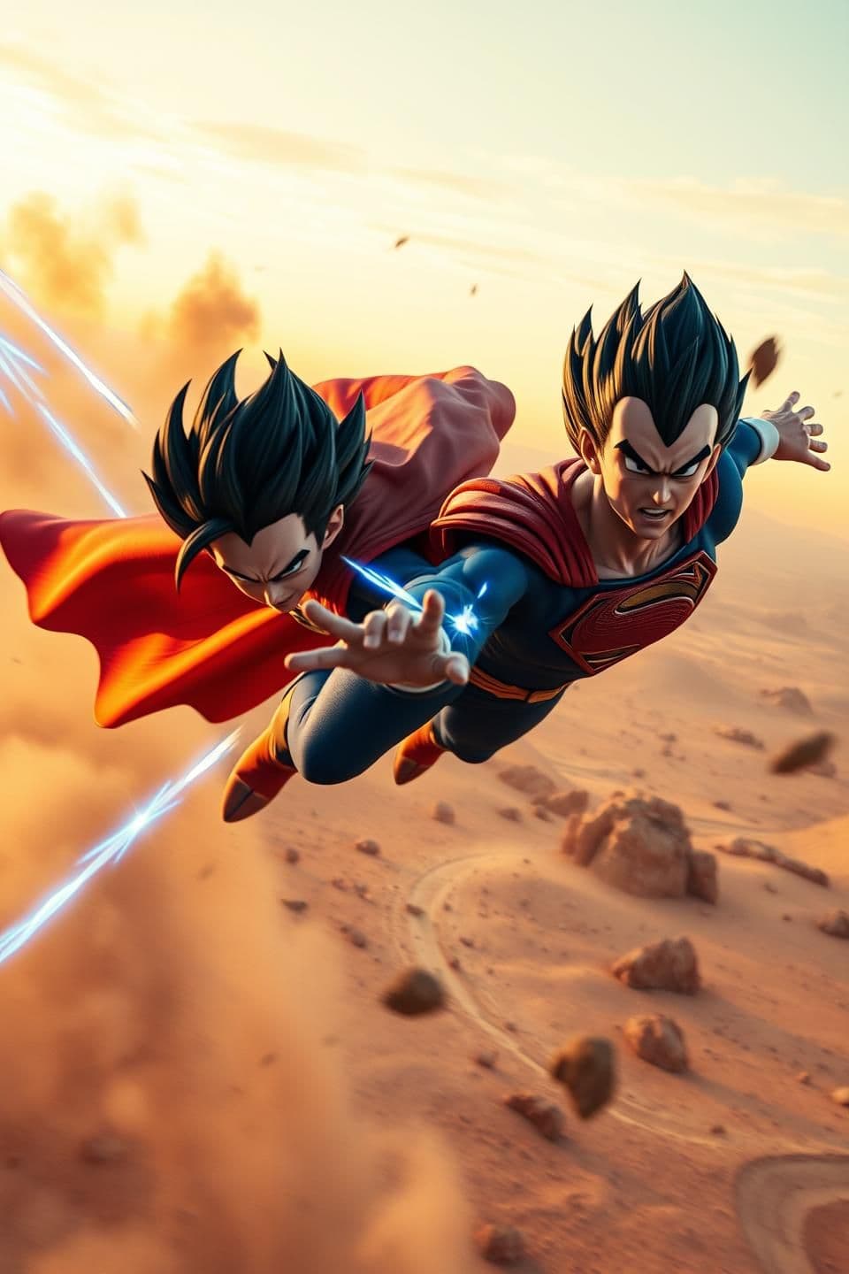 AI generated: Cinematic, high-detail action scene.
Vegeta and Superman zoom through the air above the desert, leaving trails of blue and red energy. Rocks and dust spiral below from the shockwav