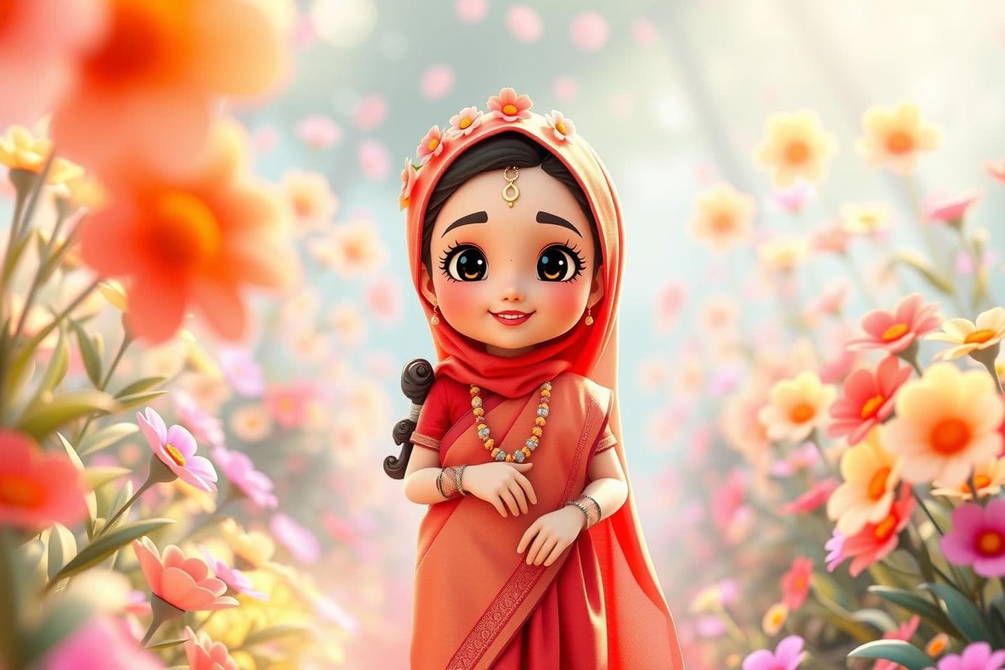 AI generated: A super cute kids-anime-style 3D scene in a bright colorful flower garden. Soft pastel colors, glowing flowers, gentle breeze, and dreamy anime atmosphere. In the center stands a s