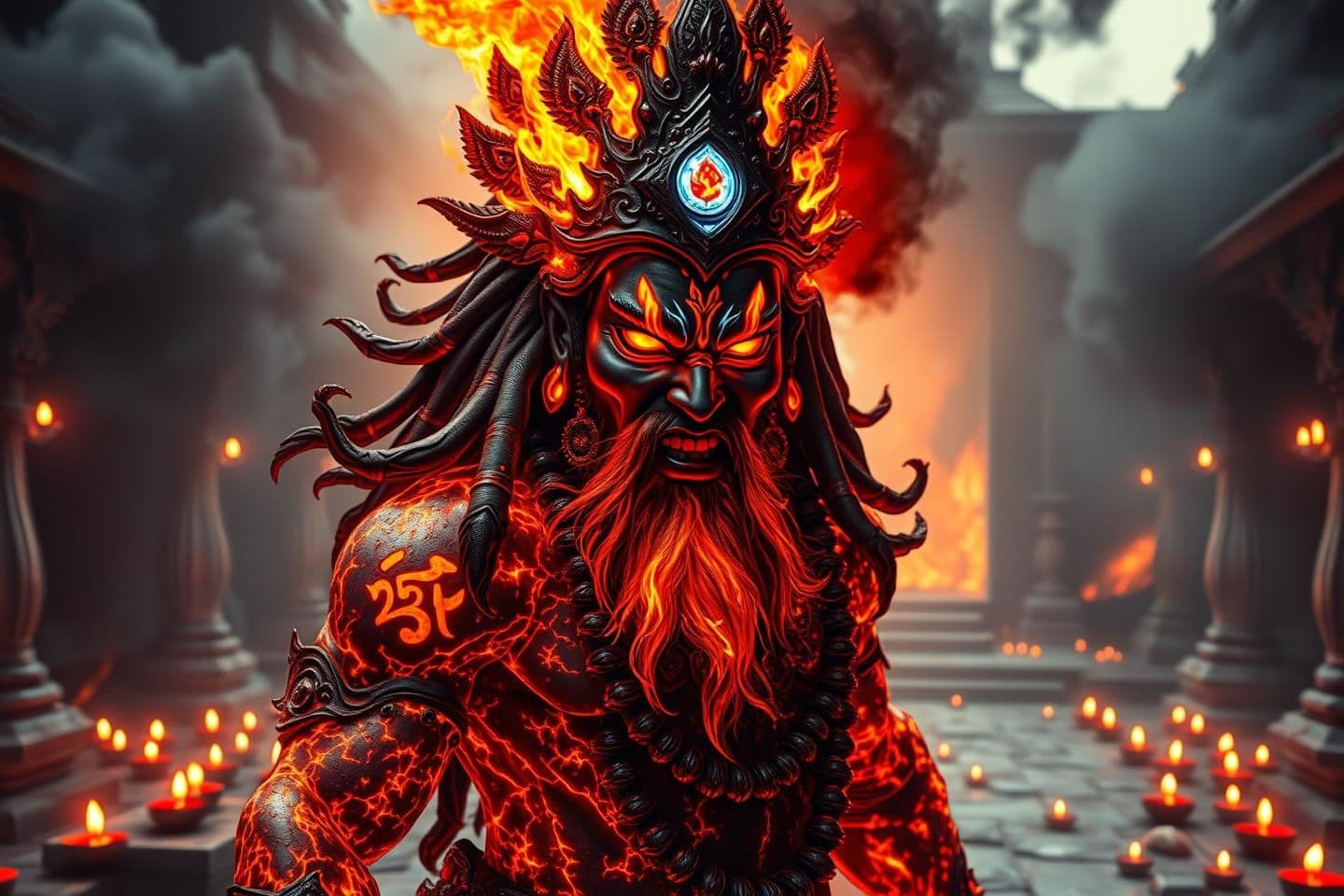 AI generated: Ultra-realistic Rudra Hanuman covered in blazing astral fire armor.
His skin radiates molten cracks like lava, divine heat bursting out.
Eyes burning like twin suns, mouth roar