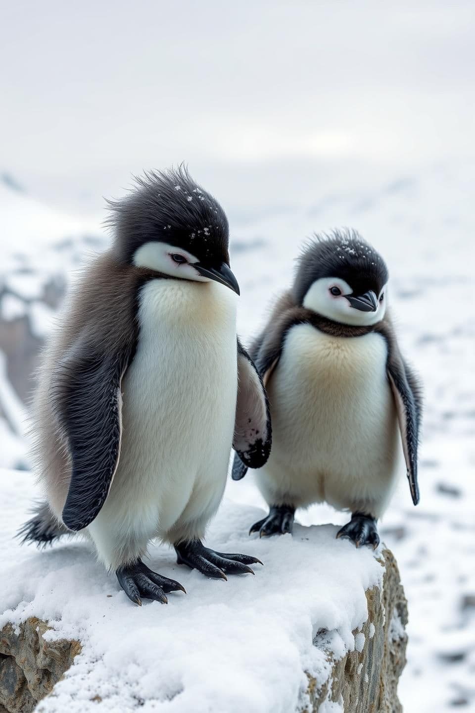 AI generated: Ultra-realistic mid-shot on a small snow-covered rock ledge overlooking a soft white snowy valley. Cold daylight, muted sky, gentle winter shadows. Two baby penguins stand on the