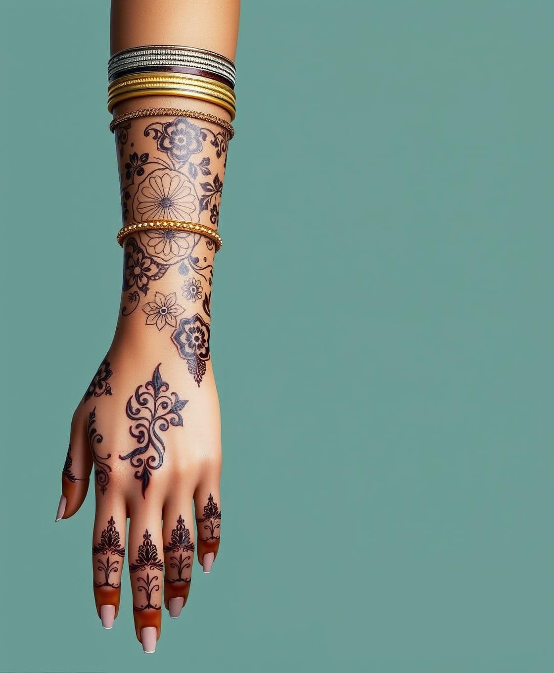 AI generated: "Generate an artistic AI-style image of the bridal arm of an Indian bride named Heena, shown from fingers to elbow. The arm features unique, modern-meets-traditional mehndi (henna)